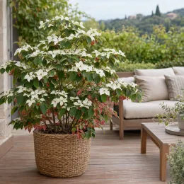 Cornouiller du japon 'Robert's select' (Cornus kousa) — grand arbuste fleuri en pot sur terrasse