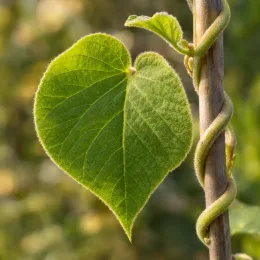 Kiwi 'Solo' (Actinidia deliciosa) — feuille duveteuse en forme de cœur avec vrille · Photo d'illustration