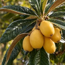Néflier du japon 'Peluche' (Eriobotrya japonica) — grappe de fruits jaunes sur feuillage luisant · Photo d'illustration