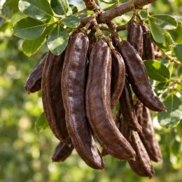 Caroubier (Ceratonia siliqua) — gousses brunes pendantes sur rameau feuillé