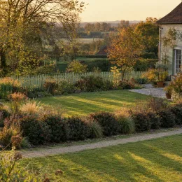 Vinettier de frikart 'Amstelveen' (Berberis × frikartii) — massif arbustif bas bordant une pelouse au jardin