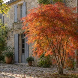 Érable du japon 'Scolopendrifolium' (Acer palmatum) — arbre au feuillage fin rouge orangé devant maison · Photo d'illustration