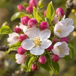 Pommier d'ornement 'Golden hornet' (Malus) — fleurs blanches et boutons rose vif, gros plan