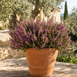 Bruyère 'Spring surprise' (Erica) — plante buissonnante à petites fleurs roses en pot · Photo d'illustration