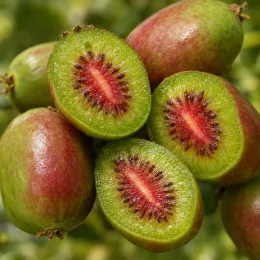 Kiwaï 'Lucy' (Actinidia arguta) — gros plan de petits fruits coupés en deux