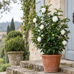 Camélia du japon 'Nuccio s gem blanc' (Camellia japonica) — arbuste fleuri en pot sur marches en pierre