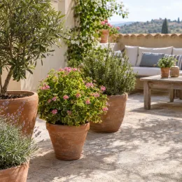 Géranium au parfum de citron 'Cy's sunburst' (Pelargonium crispum) — grand pot fleuri sur terrasse ensoleillée méditerranéenne · Photo d'illustration
