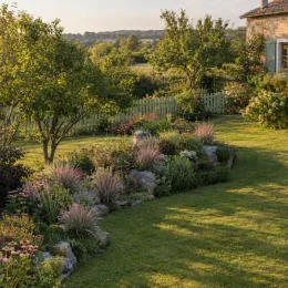 Herbe à balais 'Chameleon' (Schizachyrium scoparium) — massif de graminées et vivaces dans grand jardin · Photo d'illustration