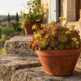 Succulente 'Feuerrad' (Jovibarba × nixonii) — succulente en pot sur marche en pierre