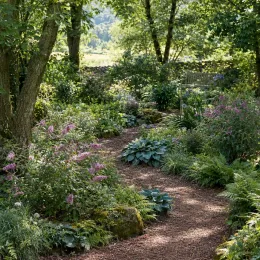 Arbre aux papillons rose 'Flutterby pink' (Buddleia davidii) — massif de jardin fleuri le long d’un sentier
