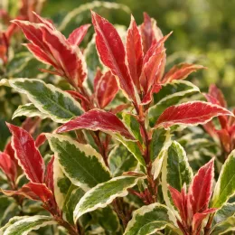 Leucothoé 'Firestar' (Leucothoe walteri) — feuillage panaché vert crème aux jeunes pousses rouges