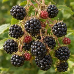 Ronce paniculée (Rubus paniculatus) — grappes de fruits noirs et rouges mûrissants · Photo d'illustration