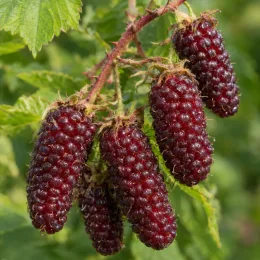 Mûre framboise 'Loganberry' (Rubus fruticosus) — gros plan de grappes de baies mûres · Photo d'illustration