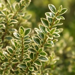 Myrte compact panaché blanc 'Variegata' (Myrtus microphylla) — rameaux denses au feuillage vert panaché crème · Photo d'illustration