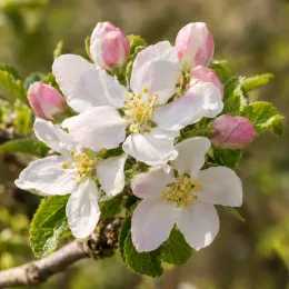 Pommier 'Nain garden sun red' (Malus domestica) — fleurs blanches épanouies avec boutons roses