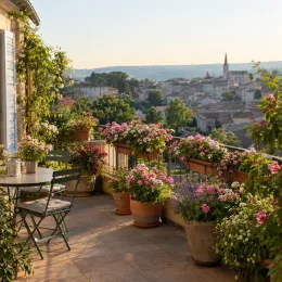 Géranium hybride 'Eclipse' (Pelargonium) — balcon fleuri avec pots de plantes en ville · Photo d'illustration