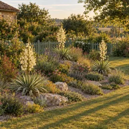 Yucca 'Ivory towers' (Yucca flaccida) — massif de jardin fleuri avec touffes graphiques · Photo d'illustration