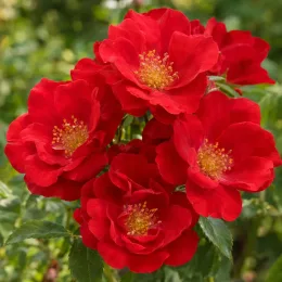 Rosier 'Knock out' (Rosa hybrida) — gros plan de fleurs rouges aux étamines jaunes · Photo d'illustration