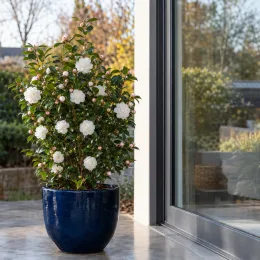 Camelia 'Fuji no yuki' (Camelia sasanqua) — arbuste aux fleurs blanches en pot sur terrasse · Photo d'illustration