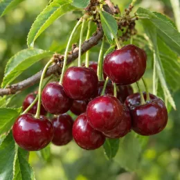 Griottier nain 'Jewel' (Prunus) — grappe de fruits rouges brillants sur branche · Photo d'illustration