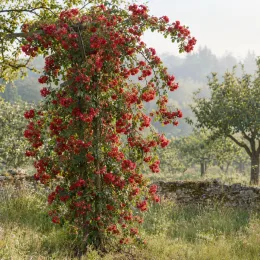Rosier 'Guirlande fleurie' — plante grimpante couverte de fleurs rouges au jardin · Photo d'illustration