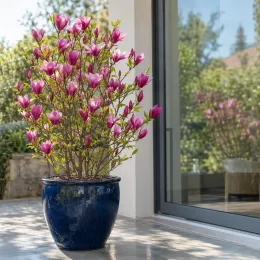 Magnolia 'Ricky' — arbuste fleuri en pot sur une terrasse