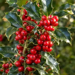 Houx arbustif 'Heckenfee' (Ilex × meserveae) — grappes de baies rouges sur feuillage luisant