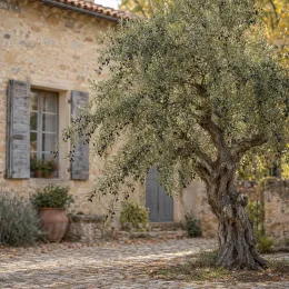 Olivier de nice 'Caillette' (Olea europaea) — arbre au tronc noueux devant maison en pierre · Photo d'illustration