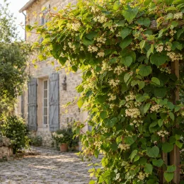 Kiwi 'Male' (Actinidia) — liane grimpante fleurie sur pergola devant maison · Photo d'illustration
