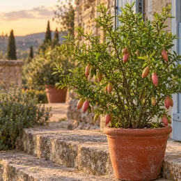Citronnier caviar 'Pink red' (Citrus australasica) — arbuste fruitier en pot sur terrasse en pierre