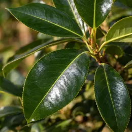Photinia 'Red light' (Photinia fraseri) — gros plan sur grandes feuilles vertes brillantes
