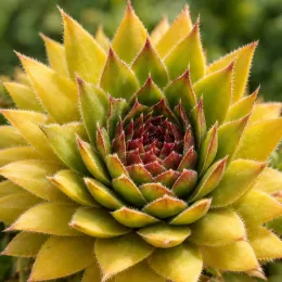 Joubarbe jaune orangé 'Gold mine' (Sempervivum) — rosette charnue jaune vert aux pointes rouges · Photo d'illustration