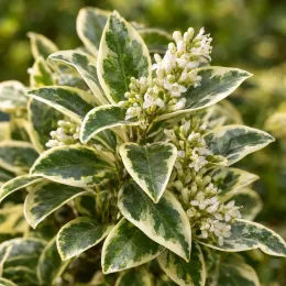 Troène du japon 'Silver star' (Ligustrum japonicum) — feuillage panaché vert et crème avec fleurs blanches