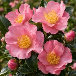 Camelia 'Cleopatra new dawn' (Camelia sasanqua) — gros plan de fleurs roses ouvertes et boutons · Photo d'illustration