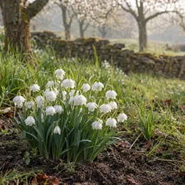 Perce-neige à fleur double naturalisable 'Flore pleno' (Galanthus nivalis) — touffe de petites clochettes blanches au jardin