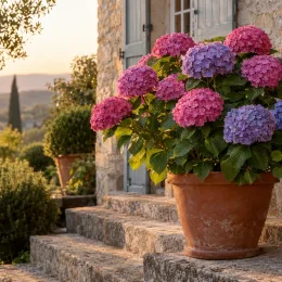 Hortensia 'Merveille' (Hydrangea macrophylla) — boules de fleurs roses et violettes en pot · Photo d'illustration