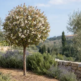 Cerisier à fleurs 'Globosa' (Prunus fruticosa) — petit arbre rond en fleurs dans un jardin