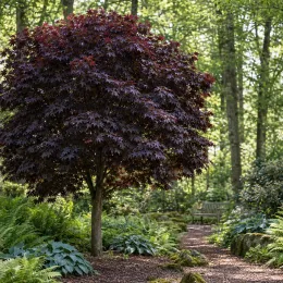 Érable plane 'Crimson king' (Acer platanoides) — arbre au feuillage pourpre bordant un sentier forestier