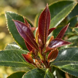 Camélia du japon 'Beauty blush' (Camellia japonica) — jeunes pousses rougeâtres parmi des feuilles vernissées