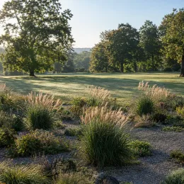 Herbe aux écouvillons (Pennisetum macrorum) — touffes d’herbes dressées dans un jardin paysager · Photo d'illustration
