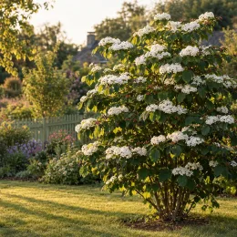 Viorne de chine 'First opening day' (Viburnum plicatum) — arbuste fleuri au jardin ensoleillé · Photo d'illustration