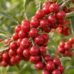Chalef d'automne à baies rouges 'Amoroso' (Eleagnus umbellata) — grappes de baies rouges brillantes, gros plan