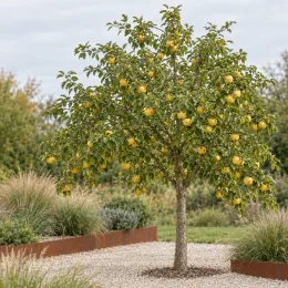 Pommier 'Reinette du mans' (Malus domestica) — arbre fruitier chargé de pommes jaunes