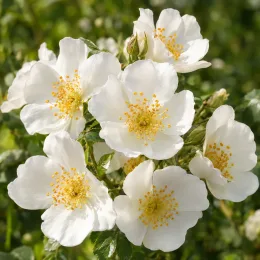 Rosier toujours vert (Rosa sempervirens) — grappes de fleurs simples blanches en gros plan · Photo d'illustration