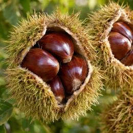 Châtaignier 'Ederra' (Castanea sativa) — bogue ouverte laissant voir plusieurs fruits brillants · Photo d'illustration