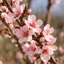 Pêcher 'Redwing' (Prunus persica) — gros plan de fleurs roses sur rameaux