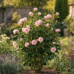 Rosier 'Festival chopin a paris' (Rosa hybrida) — buisson à grandes fleurs roses dans massif fleuri