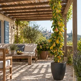Poirier colonnaire 'Obelisk' (Pyrus communis) — arbre fruitier colonne en pot sur terrasse · Photo d'illustration
