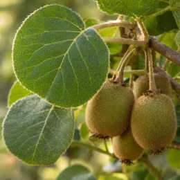 Kiwi 'Herma' (Actinidia deliciosa) — groupe de fruits mûrs sous grand feuillage · Photo d'illustration