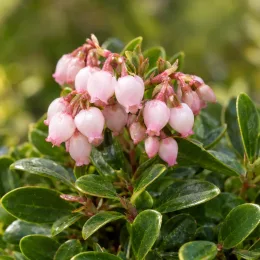 Raisin des ours 'Vancouver jade' (Arctostaphylos uva-ursi) — grappe de petites fleurs roses et feuillage luisant